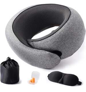 Ergonomic Memory Foam Travel Neck Pillow Set with 3D‎ Eye Mask and Earplugs